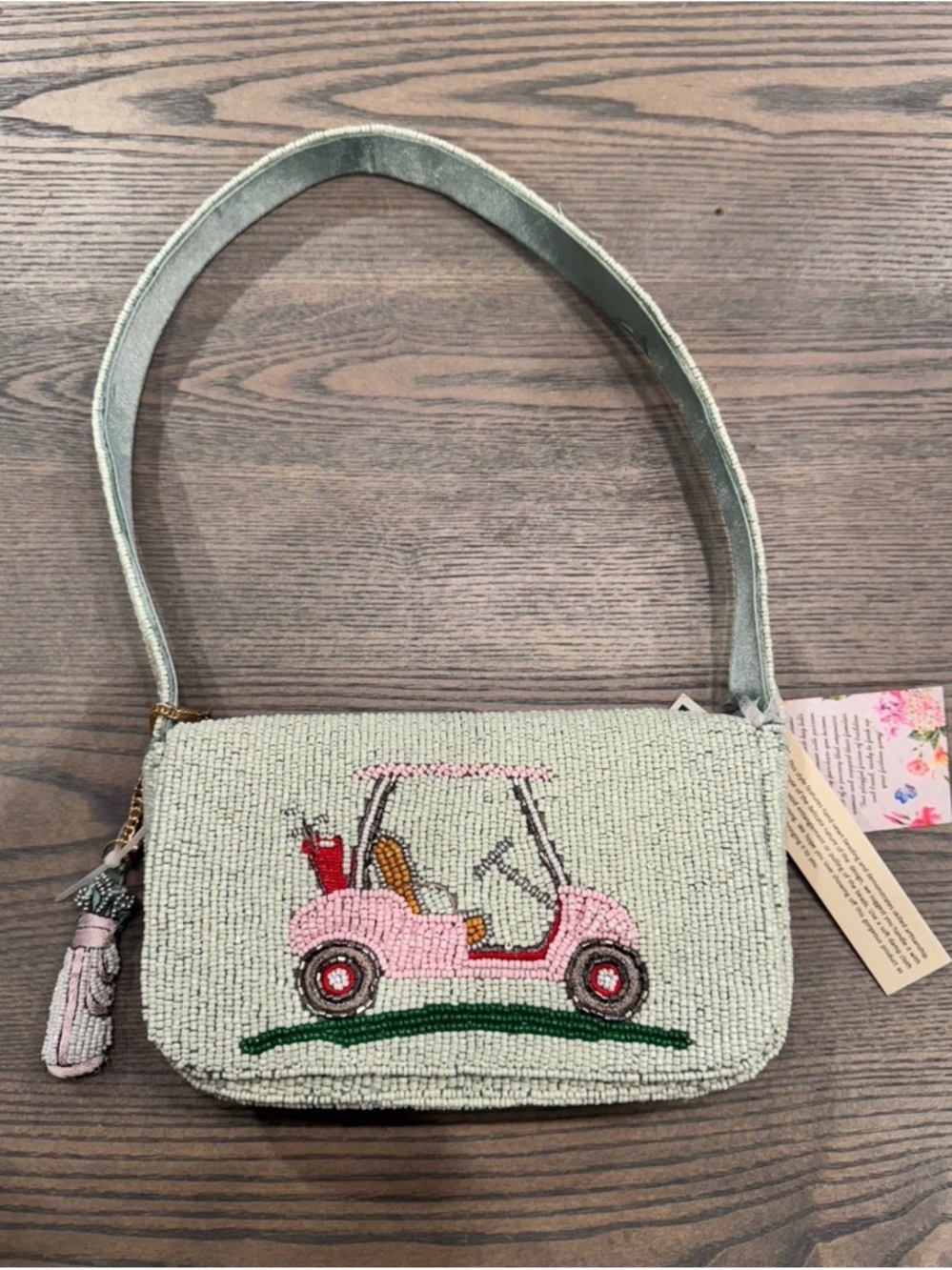 Light Sage Beaded Shoulder Bag with Pink Golf Cart Motif